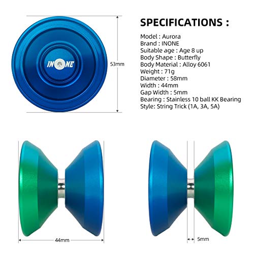 INONE Aurora YOYO Aluminum Alloy Unresponsive Yo-yos Designed for Kids, Yo-Yo Fans, Beginners Gift Glove, 10 Strings, Spare Bearing - Thumbnail 6