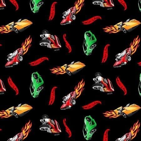 Pre-Cut 1/2 Yard - Hot Wheels "Cars &amp; Flames" Tossed on Black Fabric (Great for Quilting, Sewing, Craft Projects, Quilt, Throw Pillows &amp; More) PreCut 1/2 Yard X 44"