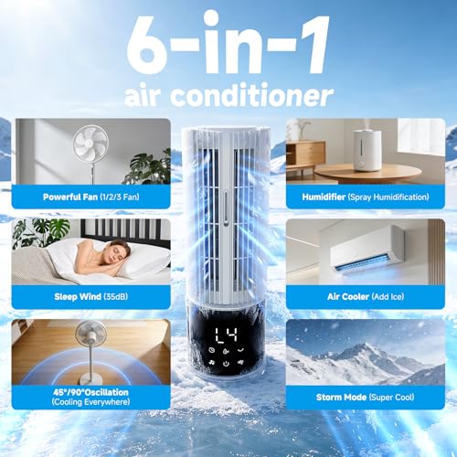 Portable Air Conditioner Air Cooler 6-in-1 Portable Tower Fan,3 Speeds, Storm Mode Mist,Remote Control,Automatic Oscillation,8H Timer LED Display with Ice Pack for Home & Office Use（Pure White）