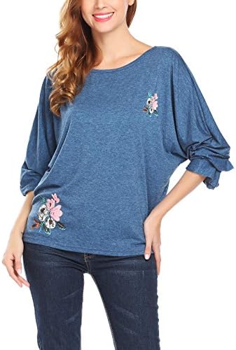 Venena Women's Plus Size Boatneck Long Sleeve Embroidered Tunic Navy Blue, M