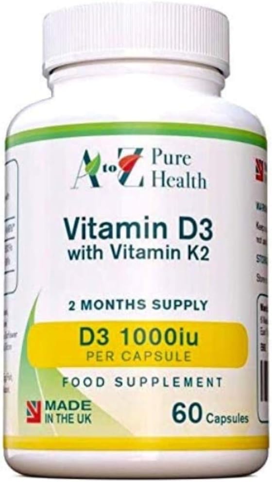 Vitamin D (Vitamin D + K2) Supplement Source of Cholecalciferol - 60 Easy to Swallow Capsules (2 Month Supply) - Made in The UK -