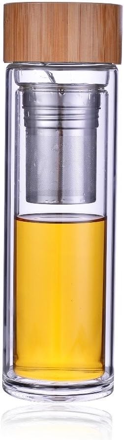 Tea and Fruit Infuser, Borosilicate Glass Water Bottle Tumbler, with Black Protective case, Bamboo lid, 500m, Come with Stainless Steel Strainer. Hold Both hot and Cold Beverages Travel Mug, Coffee m