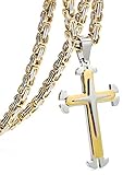 FIBO STEEL Stainless Steel Cross Pendant Mens Byzantine Chain Necklace 5mm Wide, 22-30 inches