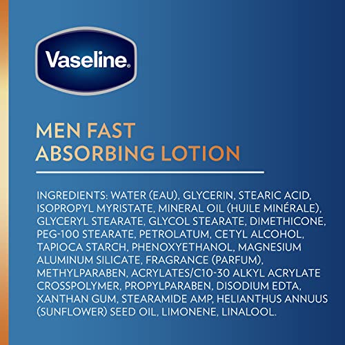 VASELINE MEN FAST ABSORBING 3-IN-1 FACE, HANDS & BODY LOTION FOR MEN, FOR DRY SKIN, ABSORBS IN JUST 15 SECONDS FOR MOISTURIZED SKIN 20.3 OZ