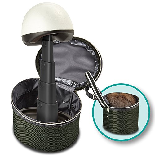 Wig Head and Travel Case - 2 Piece Travelling Kit - Adjustable Length Stand For Home or Salon - Portable Carrying Box - Green Case with Black Head - by Adolfo Design