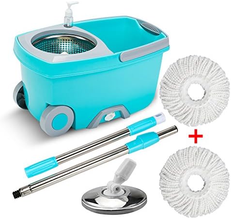 Easy Wring Spinning Mop - Deluxe 360° Stainless Steel Rotating Spin Mop Bucket System with 2 Microfiber Mop Heads Set and Scalability Pole, Indoor Kitchen Hard Floor Cleaning Tool (TB12S)