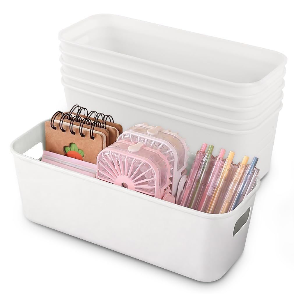 Cartlant 6 Pack Small Storage Baskets, Narrow Plastic Bathroom Storage Box Long White Containers with Handle, Cupboard Cabinet Organiser Deep Trays for Kitchen Shelves Drawers, 27.5×10.5×9.5cm