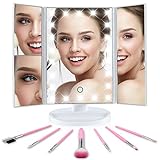 Tri-Fold Lighted Vanity Makeup Mirror, 180°Adjustable, Portable, LED Lights, Touch Screen and 3X/2X/1X Magnification Mirror, Countertop Cosmetic Mirror, Travel & Tabletop Mirror + FREE Makeup Brushes
