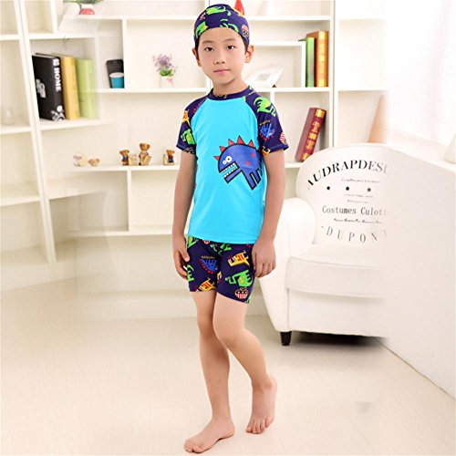 Monvecle Little Boys' 7-Pieces Short Sleeve Rash Guard Swimsuit Set with Swim Cap UPF 50+ Blue 5-6y