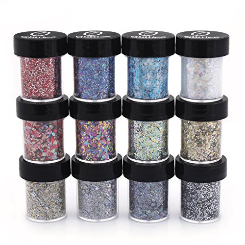 Polyester Mixed Glitter 12 Piece Kit - Includes Solvent Resistant Dust, Powder, Hexagon, Holographic, Glitters - Great for Nail Art Polish, Gels, Acrylics Supplies, Art and Crafts, - (1/2 Oz Jars)