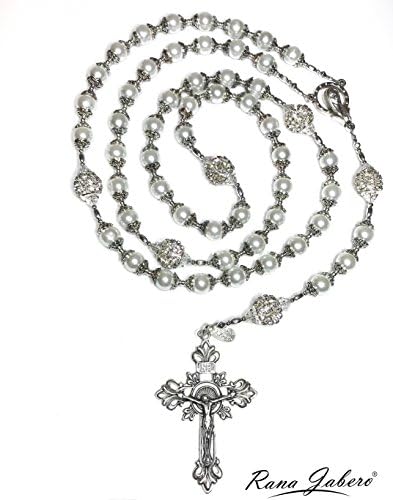 Beautiful White Glass Pearl Capped Beaded Wedding Bridal Gift Cross Prayer Catholic Rosary - Perfect for a bridal bouquet, communion gift, baptism and more!