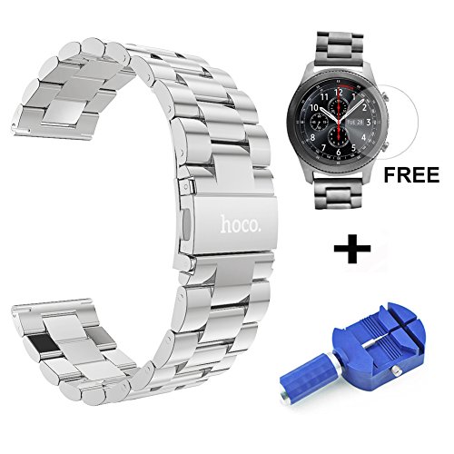 Samsung Gear S3 Watch Band, Stainless Steel Smartwatch Replacement Wrist Bracelet Band 22mm For Samsung Gear S3 Frontier Classic Strap + Tempered Glass Screen Protector + Pin Link Remover Tool Silver