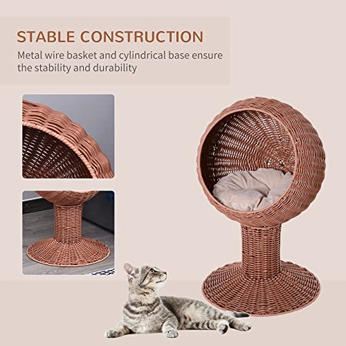 PawHut 27" Hooded Wicker Elevated Cat Bed Rattan Kitten Condo Round