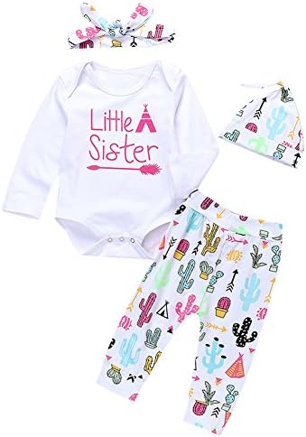 Fmizka Christmas 4Pcs Baby Girls Little Sister Romper Top+Long Cartoon Cactus Pant+Hat+Headband Bodysuit (Whte, 3-6Months)