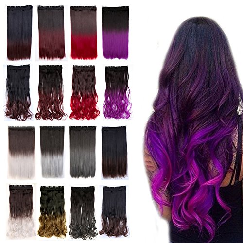 23 inch Curly Clip in Hair Extensions Two Tones Ombre Hair Hairpiece For Party Wedding (Dark Brown to Dark Purple)