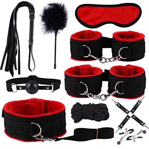 happinesssale Bundled Binding Set Plush Yoga Red Nylon 10Pcs Long Fur Warm Winter Gear Sēx Kit Hāndcuff Whip Blindfold SM Cosplay Queen Suit Rëštrâîňtš for Partner Fun Toy Passionate Moment