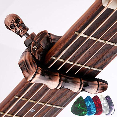 Guitar Capo Skull Capo for Acoustic and Electric Guitar Skeleton Head Ukulele Capo for Banjo Mandolin Bass and Classical Guitar Comes with 5 Picks (Bronze)