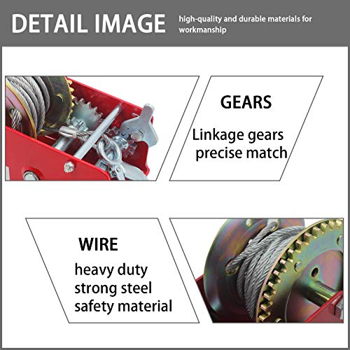 OPENROAD 2500lbs Hand Winch,Red Boat Trailer Winch with Hook,10M Steel Cable with Crank Handle 2 Gear Winch,Pulling Winch for Boat… - Image 3