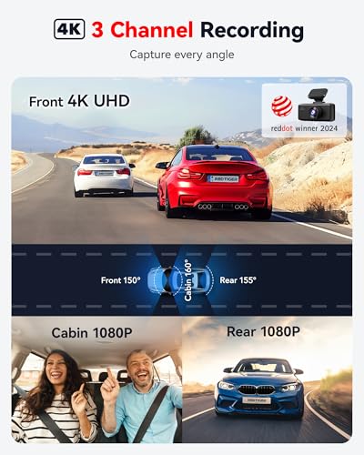 REDTIGER 4K 3 Channel 5G WiFi Car Dashcam with 64GB Map Built-in GPS, 2160P+1080P+1080P Front, Rear and Indoor, Triple with 3 Inch Screen, IR Night Vision, Parking Mode