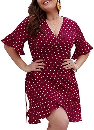 ORICSSON Women's V Neck Ruffle Polka Dot Loose Swing Casual Short Flared Sleeves Mini Dress with Belt Plus Size