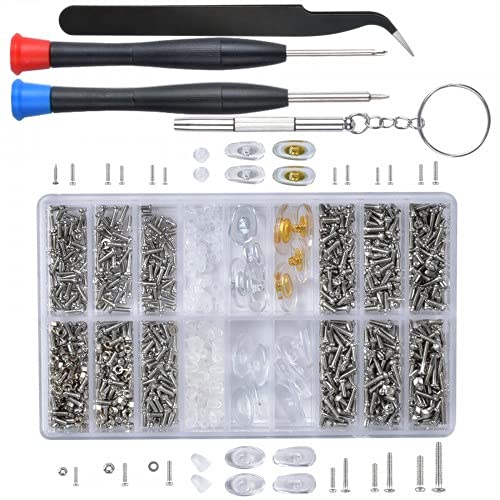 Pinsheng Tool Set 1000Pcs Screwdriver Kit with Eyeglass Repair Tools, Stainless Steel Screws, Nose Pads, and Nuts, Organized Case