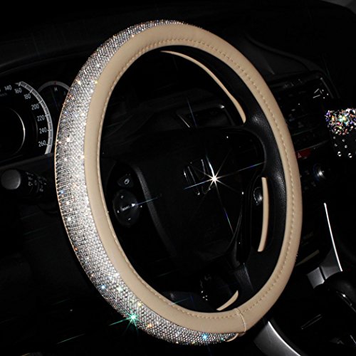 Alusbell Leather Steering Wheel Cover with Bling Bling Rhinestone Suitable for 15 Inch for Girls Lady (White)