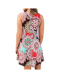 AEL Vestido sin mangas con cuello redondo, estampado floral, sin mangas, casual, con bolsillos