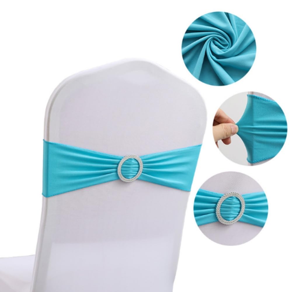 Photo 1 of 20 Pieces Spandex Stretch Chair Sashes Bows Elastic Chair Cover Bands Ties with Buckle Slider Elastic Chair Ties for Wedding Party Reception Events Universal Ceremony Banquet Decorations (Sky Blue)