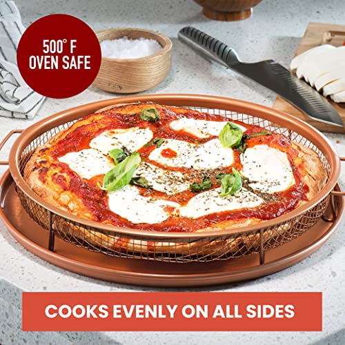 Gotham Steel 2 Piece Set Round Copper Air Fry Crisper Tray, Pizza & Baking Pan, Durable Non