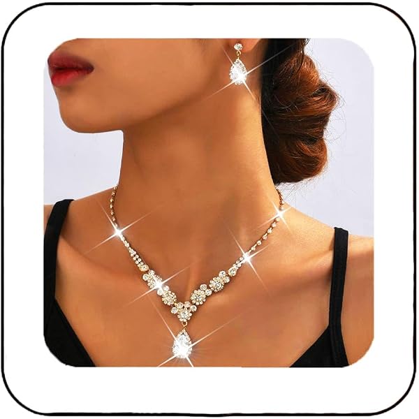 Jumwrit Bridal Necklace And Earrings Set - Rhinestone Choker With Silver Tassel Dangle Earrings For Wedding