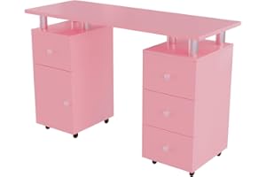 Cimcame Manicure Desk for Nail Tech 47 inch Nail Table with Drawers/Wrist Pad/Lockable Wheels Acetone Resistant Nail Art Station for Salon Spa Beauty Bar Technician,Pink