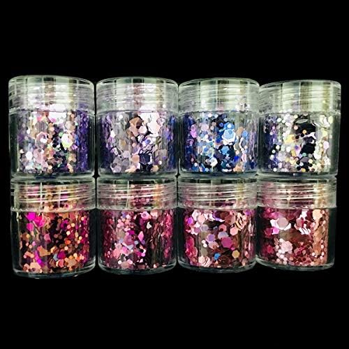 GOTONE 8 Boxes Holographic Nail Glitters Chunky Glitters, Sequins Iridescent Flakes Colorful Mixed Paillette Festival Glitter for Makeup Face Body Hair Nail Art Decoration(10ml each)-Set D