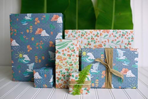 Happy Hawaii/ Kawaii Waves, Whales, Sunshine &amp; Rain Clouds Designer Gift Wrap (6 Sheet Value Pack) - Reversible - Eco-friendly Wrapping Paper By Wrappily