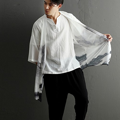 LZJN Men's Lightweight Open Front Cardigans Vintage Chinese Style Chiffon Print Cape Kimono (One Size) - Thumbnail 2