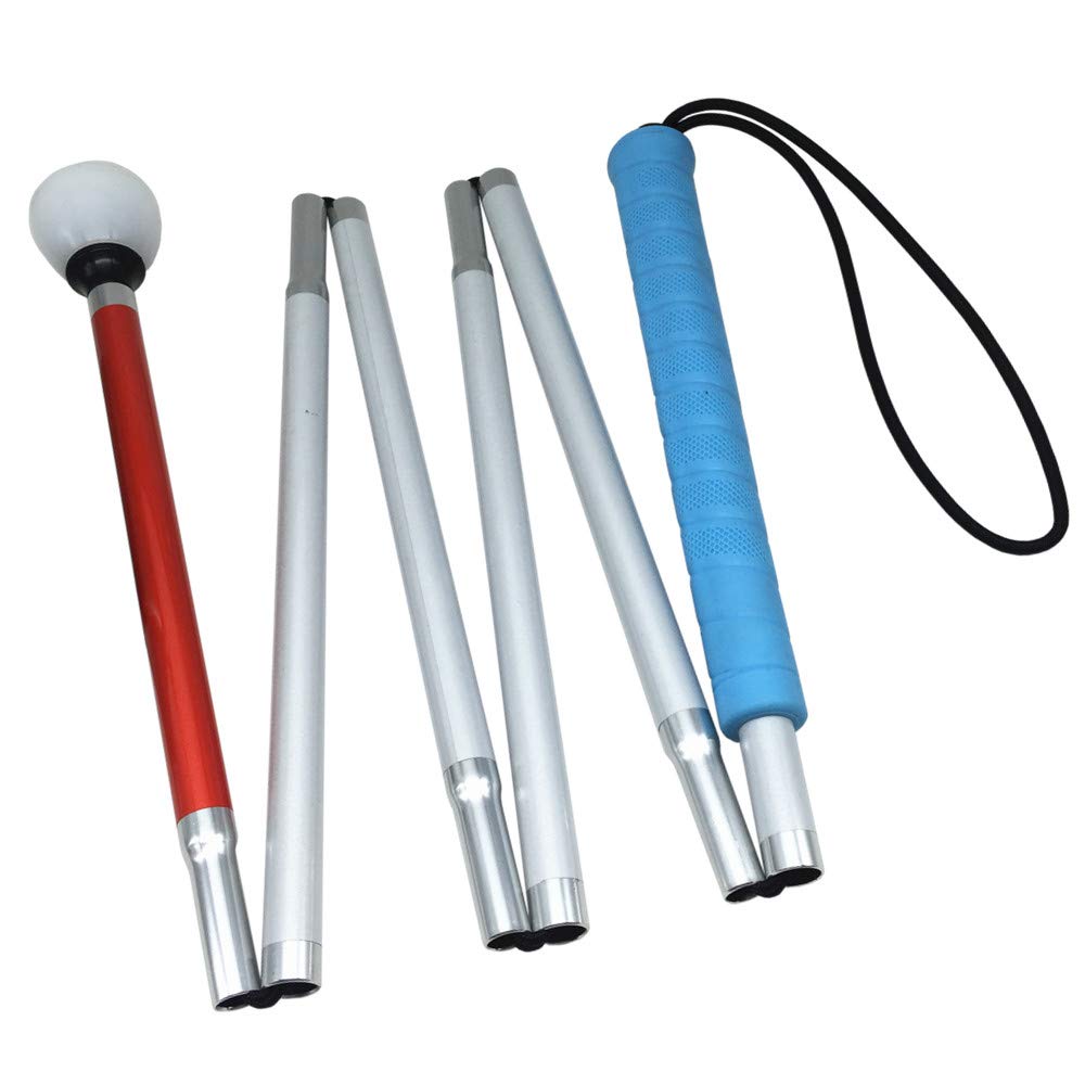 6-Section Aluminum Blind Cane,Reflective Red, Folding Walking Stick for Blind People (125cm (49.2inch), Blue Handle)