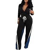 KANSOON Sweatsuits Women 2 Piece Outfit Full Zip Up Sweatshirt Color Block Denim Wide Leg Sweatpants Sets Loungewear Black S