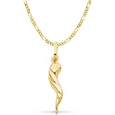 14K Yellow Gold Twisted Cornicello Italian Fortune Horn Charm Pendant with 1.9mm Figaro 3+1 Chain Necklace