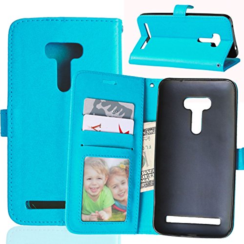 TOMYOU ZenFone Selfie ZD551KL Case, [Free Charger Cable]PU Flip Leather Wallet Case, (Card Slot) Stand Soft TPU Case for Asus ZenFone Selfie ZD551KL (5.5inch) (Blue)