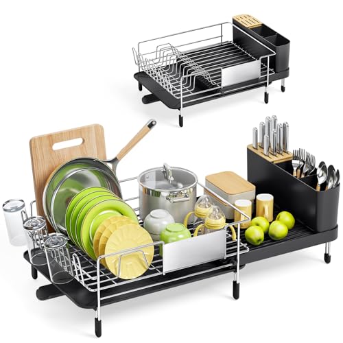 Urackify Large Dish Drying Rack, Expandable Dish Rack with Drain Board, Dish Drainer for Kitchen Couter, Dish Dryer Rack with Cups and Cutlery Holders, Stainless Steel Silver