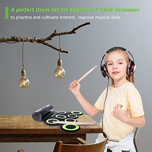 Electronic Drum Set, Longruner Foldable Roll Up Drum Kit with 7 Drum Practise Pads, 2 Foot Drum Pedals, 2 Drum Sticks, Headphone Jack, Best Birthday Christmas Gift for Kids Children Starters - Thumbnail 3