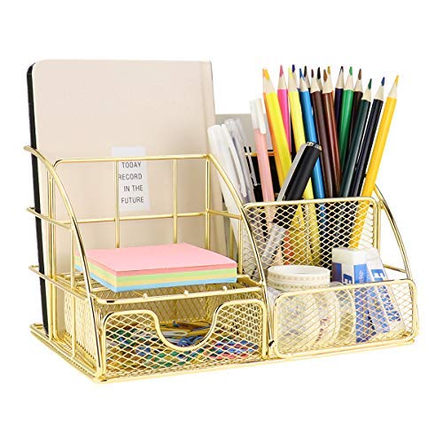 Morigem Desk Organiser, Office Organiser with Letter Tray, Pen Holder, Documents Organizer and Drawer, Metal for Office, School and Household Gold