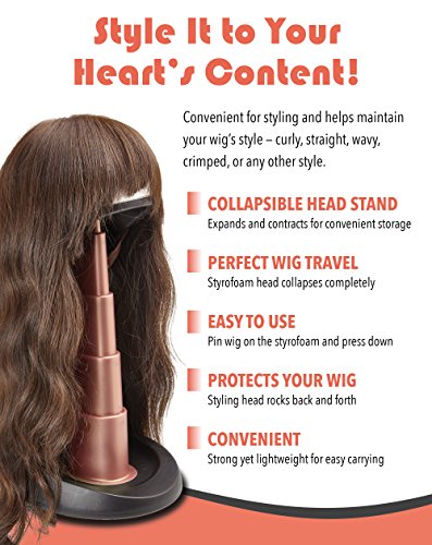 Adjustable Wig Head for Travel and Salon - Black and Champagne Pink - Styrofoam, Collapsible Compact Stand Expands for Long and Short Wigs - by Adolfo Design