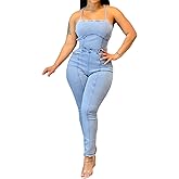 Sexyshine Women's Halter Lace Up Backless Casual Wide Leg Blue Denim Long Jumpsuit Playsuit Rompers With Belt