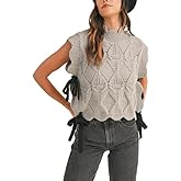 NUFIWI Womens Y2K Ribbon Bow Sweater Vest Chunky Cap Sleeve Knit Vest with Bows Casual Lace Up Bandage Crochet Knit Tank