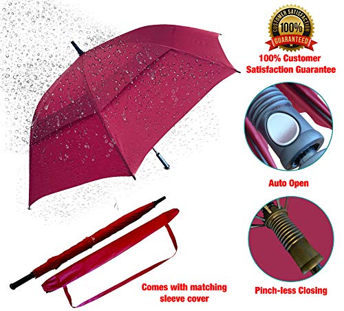 Procella Golf Umbrella Windproof Waterproof - 62 Inch Large Automatic Open Rain & Wind Resistant Vented Double Canopy - Best Golf-Sized Stick Umbrellas for Men and Women (Maroon)