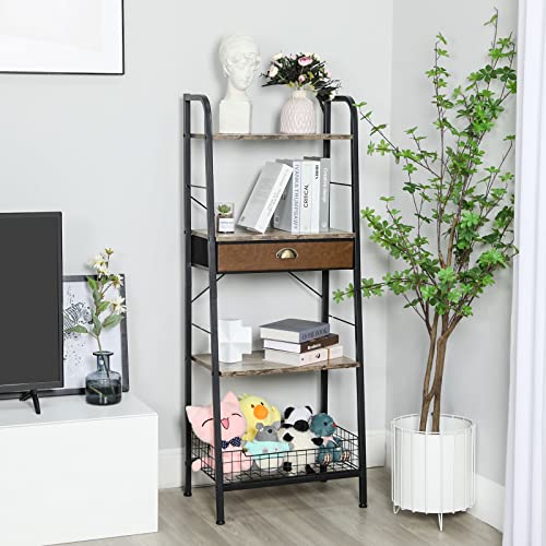 4 Tier Ladder Bookshelf with Drawer, Industrial Freestanding Ladder