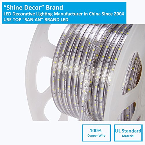 shine decor dimmable Led Strip Lights, Rope Light, High voltage 110V-120V, SMD 2835 60Led/M, 150ft/roll, 3000K Warm White, With plastic tube cover, flexible indoor/outdoor use, Accessories included