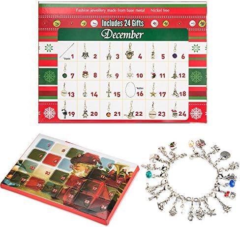 Zhuofu Christmas Advent Calendar Charm Bracelet Necklace DIY 22 Charms Set Fashion Jewelry Advent Calendars for Kids Christmas Toy