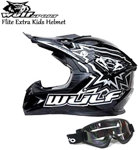 WULFSPORT FLITE-XTRA KIDS HELMET Motocross Dirt-Bike Sport Enduro ECE Helmet Black + Moto X1 Matt Black Goggles (XL)