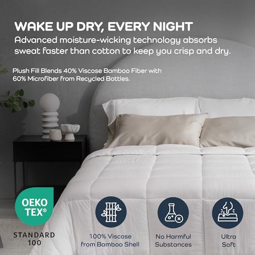Olive + Crate Cooling Down Alternative Comforter - Hypoallergenic Queen Size Duvet Insert Lightweight - All Seasons Plush Design Bamboo Comforter - 100% Bamboo Viscose Outer Cover - White 88"x90"